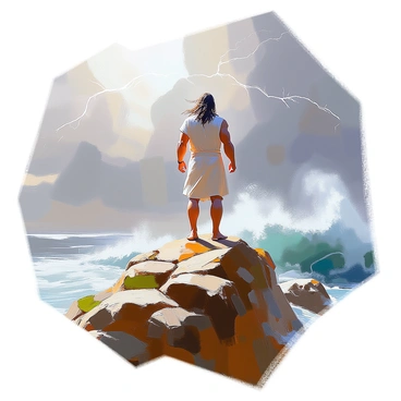 A powerful figure of a man with long hair and a muscular build, representing "Samson," stands firmly atop a rugged, rocky cliff. He gazes out over a tumultuous sea, where large waves crash violently against the rocks below. The sky is filled with dark, ominous clouds swirling above, and flashes of lightning illuminate the scene. The wind blows through his hair and garments, adding to the sense of strength and defiance. The cliff is jagged and steep, with patches of green moss clinging to its surface, contrasting with the turbulent water below.