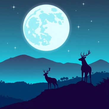 A vast, untamed landscape features rolling hills and scattered trees. In the foreground, there are several animals, including a majestic stag and a group of deer, all rendered as dark silhouettes. They stand on a crest, gazing towards a large, bright moon that dominates the night sky. The moon's light casts a soft glow, illuminating the landscape subtly, while stars twinkle around it, adding depth to the night scene.