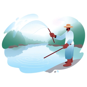 A local fisherman is standing on the bank of the Congo River, casting a large fishing net into the water. The river is surrounded by dense, lush greenery, showing the rich flora of the region. The early morning mist rises gently from the water's surface, creating a soft, ethereal atmosphere. The fisherman is wearing a traditional outfit, with a woven hat that adds to his local appearance. The scene captures the tranquility of the moment, with ripples forming in the water as the net spreads out. Sunlight is subtly filtering through the mist, illuminating the scene with a warm glow.