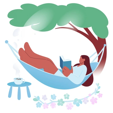 Kartini is lounging in a hammock, surrounded by the lush greenery of a large tree. The hammock is gently swaying, creating a relaxed and peaceful atmosphere. She holds an open book in her hands, deeply engrossed in reading. Sunlight filters through the leaves, casting soft patterns on her. Nearby, a small table holds a steaming cup of tea and a pair of reading glasses. Delicate flowers bloom at the base of the tree, adding color to the tranquil setting.