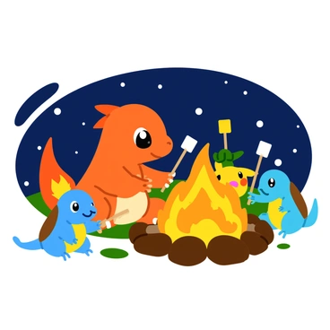 A small orange Charmander with a flame on its tail is sitting by a campfire. The campfire has bright flickering flames and glowing embers, casting warm light around the scene. Surrounding Charmander are several cartoon-style Pokémon friends, including a blue Squirtle and a yellow Pikachu. Each Pokémon is holding a stick with a marshmallow at the end, toasting them over the fire. The background features a dark blue night sky dotted with stars, creating a cozy atmosphere.