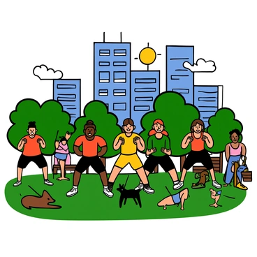 A group of diverse individuals, including men and women of various ethnicities, are performing bodyweight squats in a bustling urban park. The park features green grass and trees, contrasting with the tall, modern skyscrapers in the background. Each person has a determined expression, focusing on their workout. Some are wearing bright athletic clothing, while others have on comfortable workout gear. The scene captures the energy of the park, with people walking dogs, jogging, and relaxing on benches nearby. The sun is shining, creating a vibrant atmosphere.