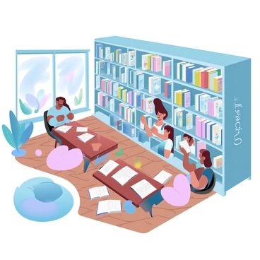 A library filled with tall bookshelves overflowing with books about "illustration techniques" and "styles." Students are scattered throughout the library, some sitting at wooden tables with open books, while others are flipping through colorful illustrated pages. Sunlight filters through large windows, casting soft shadows on the polished wooden floor. A few students have sketchbooks open, jotting down notes and ideas inspired by the vibrant illustrations in the books. A cozy reading nook with an oversized bean bag chair is visible in the corner, inviting more students to delve into their artistic studies.