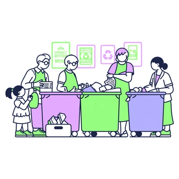A community center is bustling with activity as people of all ages are engaged in sorting waste into various recycling bins. On the left, a young child with pigtails is holding a bright green plastic bottle, while an elderly man with glasses is carefully placing a newspaper into a blue bin. In the center, a teenager is chatting with a woman in her thirties as they both sort through a box of mixed recyclables. Several colorful recycling bins are arranged in a row, labeled for paper, plastic, and metal. The backdrop features posters promoting recycling and sustainability, enhancing the vibrant atmosphere of the scene.