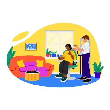 A cozy home salon setup in a living room featuring a stylist cutting hair. The room is warmly lit with a large window letting in natural light. There is a comfortable chair for the client, adorned with a soft, colorful throw. A mirror hangs on the wall, reflecting the scene. Stylish hairdressing tools are neatly arranged on a small, round table beside the chair. Potted plants add a touch of greenery, and decorative pillows on a nearby sofa provide a welcoming atmosphere. "Cozy Home Salon" is written on a decorative sign on the wall.