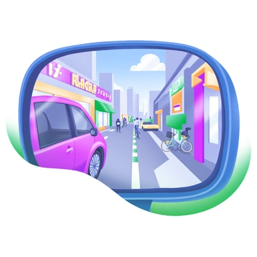 A 3D illustration featuring a close-up of a car's wing mirror. The mirror is clearly reflecting a busy street scene, capturing elements such as pedestrians walking, bicycles passing by, and cars driving in various directions. The street is lined with shops and vibrant storefronts, showcasing signs and colorful window displays. In the background, there are tall buildings under a blue sky. The details in the mirror include the shiny surface and slight distortions from the angle, enhancing the realism of the reflection.