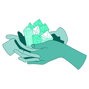 Two hands, one with a light teal hue and the other with a soft white tint, are gently cradling a cluster of shimmering crystals. The crystals reflect light in various angles, creating a glittering effect. Each crystal is distinct in shape and size, ranging from sharp points to smooth, rounded surfaces. The hands are positioned in a way that showcases the beauty of the crystals, with fingers delicately spread to support them securely. The background is softly blurred to emphasize the hands and the sparkling crystals they hold.