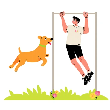 A playful brown dog with floppy ears is jumping up, trying to touch the feet of a person. The person is hanging from a silver pull-up bar in a backyard, with a determined expression on their face. The background features green grass and a few colorful flowers around the base of the pull-up bar. The dog has its tongue out, showing excitement. The sun is shining, casting soft shadows on the ground. The person's athletic attire consists of a sleeveless shirt and shorts.