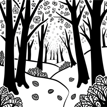 A dense forest scene with towering trees showcasing intricate mehendi patterns on their leaves and bark. The branches are adorned with delicately patterned leaves, creating a harmonious blend of nature and design. The forest floor is partially covered with fallen leaves, some displaying the same elaborate patterns. Sunlight filters through the canopy, casting patterned shadows onto the ground, enhancing the overall aesthetic of the scene. In the background, more trees with mehendi designs stretch into the distance, creating a sense of depth and continuity in the forest.