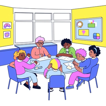 A classroom with bright, colorful walls and large windows allowing natural light to flood in. In the center, a round table is surrounded by children of various gender identities, including a boy with glasses, a girl with curly hair, and a non-binary child with brightly colored hair. They are engaged in a collaborative project, with papers and art supplies scattered across the table. The children are smiling and discussing ideas, while one child is drawing on a large sheet of paper. On the walls are posters with educational themes and a bulletin board displaying colorful artwork.