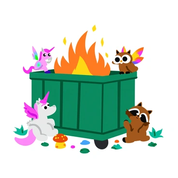 A dumpster fire with softly glowing flames is at the center of the scene. The dumpster is an old, rusty green with metal textures, and the bright orange and yellow flames flicker gently, casting warm light. Around the dumpster, a variety of enchanted creatures are gathered. There is a small, fluffy unicorn with a sparkling mane and a tiny, mischievous fairy with iridescent wings. A curious, wide-eyed owl perches on the edge of the dumpster, and a friendly, animated raccoon with big eyes peers into the flames. The ground is littered with colorful leaves and small, glowing mushrooms, adding to the magical atmosphere. Each creature is looking at the fire with fascination, creating a lively and animated scene.