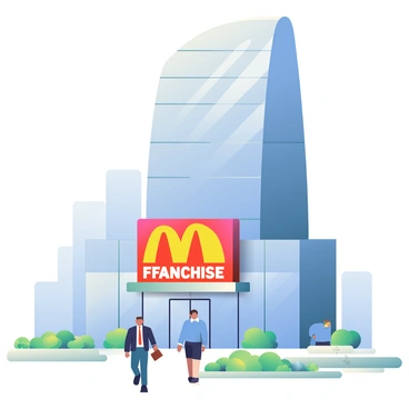 A sleek, glass-covered corporate headquarters building stands tall, reflecting the surrounding cityscape. The structure features clean lines and a modern design with a slightly curved facade. In front of the building, a large, illuminated franchise logo is prominently displayed above the main entrance, capturing attention with its bold colors and sharp details. Surrounding the building, there are neatly landscaped gardens with symmetrical pathways and small clusters of greenery, enhancing the professional appearance of the space. A few employees in business attire are walking toward the entrance, adding a sense of activity to the scene.