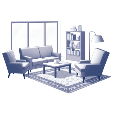 A living room featuring a comfortable sofa and armchairs arranged around a coffee table. The floor is adorned with an intricately designed "tapis," which enhances the overall aesthetic of the room. A bookshelf filled with various books is positioned against the wall, and a decorative lamp stands in the corner, casting soft light. Large windows allow natural light to fill the space, highlighting the texture of the furniture and the "tapis."