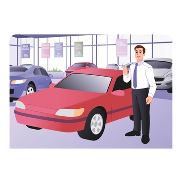 A friendly salesperson stands next to a shiny new red car in a brightly lit dealership. The salesperson has a warm smile and short brown hair, wearing a white dress shirt and a blue tie, along with black dress pants. In the background, there are several other cars on display, some with bright colors like blue and silver. The showroom features glass walls that let in natural light, highlighting the sleek design of the cars. Promotional banners with sales messages hang from the ceiling, and a comfortable seating area with brochures is visible to the side.