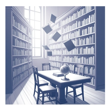 An old, dusty library with books floating mysteriously in the air