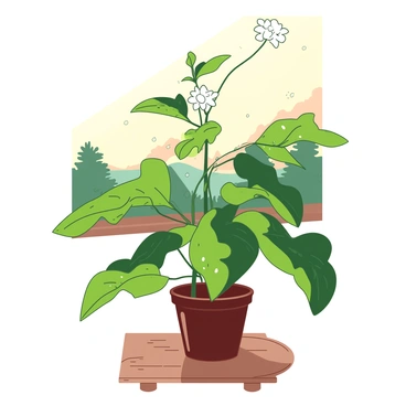 A white bean plant with lush green leaves is gently swaying in the soft morning breeze. The plant is positioned in a small terracotta pot placed on a wooden table. The first light of dawn casts a warm glow over the scene, creating elongated shadows. Dewdrops glisten on the leaves, reflecting the light. The background features a soft blur of distant trees, hinting at the start of a peaceful day.