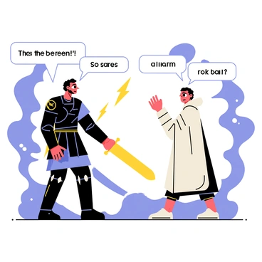 A dramatic scene of a final showdown between two characters. One character, dressed in dark armor with a fierce expression, is wielding a glowing sword. The other character, wearing a flowing white cloak, stands defiantly with a determined look on their face. Their surroundings are filled with swirling clouds and flashes of lightning, emphasizing the intensity of the moment. The characters are positioned facing each other, ready to engage in battle, with their emotions reflected in their eyes. Dialog bubbles display the words "This ends now!" and "I won't back down!" in bold lettering.