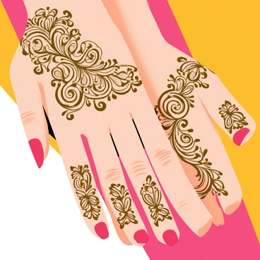 A close-up of an Indian woman's hands showcasing detailed and intricate henna designs. The henna patterns are elaborate, featuring swirling vines and floral motifs that cover the palms and extend onto the fingers. The skin of the hands has a warm, rich tone, accentuating the dark brown of the henna. The woman's nails are painted with a glossy red polish, providing a striking contrast to the henna. The background is softly blurred to emphasize the beauty of the hands and the artistry of the henna designs.