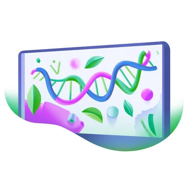 A large street mural displaying a "vibrant" and "abstract" DNA pattern, with swirling strands of color in shades of blue, green, and pink. The DNA helix stretches across the wall, intertwining with shapes resembling leaves and geometric patterns. Surrounding the DNA design are splashes of color and smaller abstract shapes, adding dimension and depth to the artwork. The background features a soft gradient transitioning from light to dark, emphasizing the central DNA motif.