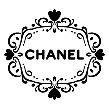 The "CHANEL" logo displayed prominently in the center. Surrounding the logo are ornate decorative elements, including intricate floral patterns and elegant swirls. The composition emphasizes symmetry, with balanced embellishments on either side of the logo, enhancing its prominence. The background features additional embellishments that complement the overall design without overwhelming the logo itself.