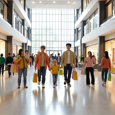 A spacious shopping mall with large glass storefronts showcasing various brands. Groups of diverse shoppers, including a family with children, a couple holding hands, and friends chatting, are seen carrying colorful shopping bags filled with purchases. Bright overhead lighting illuminates the scene, creating a vibrant atmosphere. Shoppers display expressions of joy and excitement as they browse the displays, while others pause to admire the decorations and promotional signs. The mall's interior features polished floors and stylish seating areas, enhancing the lively ambiance of consumer activity.