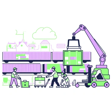 A bustling cargo train terminal with workers and cranes loading and unloading goods
