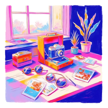 A nostalgic scene depicts a vintage camera with its leather case placed on an old wooden table. Surrounding the camera are faded photographs, some with curled edges, showcasing memories from the past. A pair of round sunglasses rests nearby, and a retro vinyl record player is in the background. There is soft light filtering through a nearby window, highlighting the warm sepia tones of the composition. A small plant in a decorative pot adds a touch of life to the setting.