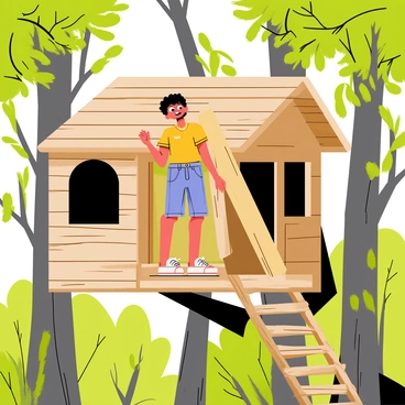 An adventurous soul standing confidently in a rustic treehouse. The treehouse is made of weathered wood and features a slanted roof with visible knots and grain. The person is holding a long wooden plank in one hand, wearing a bright yellow shirt and denim shorts. Surrounding the treehouse are branches and green leaves of tall trees, providing a vibrant forest view. Sunlight filters through the foliage, creating patches of light on the wooden floor of the treehouse. In the background, various shades of green fill the forest, with a hint of a blue sky visible through the treetops.
