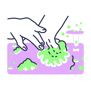 A close-up of a hand gently manipulating magnetic sand on a smooth surface. The hand is showing intricate fingers, with the skin texture visible. Piles of magnetic sand are scattered around, and as the hand moves, the sand starts to shape into small, wave-like patterns and abstract forms. Additional grains of sand stick to the fingertips, reflecting the magnetic interaction. In the background, subtle hints of scattered magnetic tools are present, enhancing the focus on the hand and the sand.