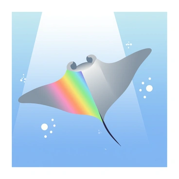 A manta ray with a wide wingspan glides gracefully through clear blue water. The sunlight streams down in a defined beam, illuminating the surrounding area. As the manta ray moves through the beam, it distorts the light, creating a vibrant rainbow effect that shimmers in the water. The surfaces of the manta ray are textured, showing shades of gray and white, and the water around it is filled with tiny bubbles that catch the light, enhancing the colorful display. The scene captures the fluid motion of the manta ray as it navigates this luminous environment.