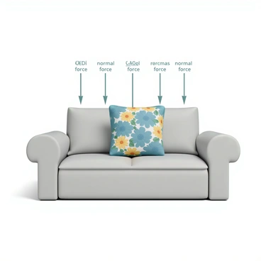 A decorative cushion with a vibrant floral pattern, featuring shades of blue, yellow, and green, is placed on a plush, light gray sofa. The cushion is square and slightly puffed, with a distinct texture that adds depth. Above the cushion, several arrows are illustrated, pointing upwards to indicate the "normal force" exerted by the sofa on the cushion. Each arrow is clearly labeled and depicted in a contrasting color, ensuring they stand out against the soft backdrop. The sofa itself has a clean, modern design with rounded edges, complementing the aesthetic of the room.