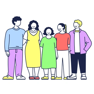 A group of five people from different ethnic backgrounds is standing together, all smiling. On the left, there is a person with short dark curly hair wearing a light blue shirt. Next to them, a person with long straight hair and a yellow dress is beaming. In the center, there is an individual with medium-length wavy hair in a green t-shirt. To the right, a person with braided hair is dressed in a red sweater, while the last individual has short blonde hair in a purple jacket. They all stand closely together, conveying a sense of unity and happiness.