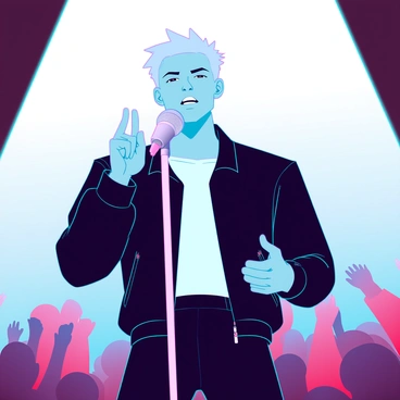 A singer with a determined expression, featuring light skin and short, spiky hair, stands on a brightly lit stage. The singer is wearing a black leather jacket over a white t-shirt. They are gripping a silver microphone tightly in their right hand, exuding intensity as they project their voice. The spotlight shines directly on them, creating dramatic shadows across their face, while the crowd in the background is partially visible, raising their hands in excitement.