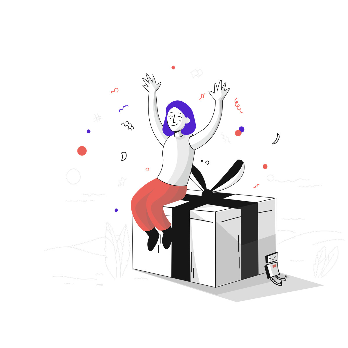 Иллюстрация Celebrating on big gift box with confetti, loyalty reward or bonus campaign в стиле Pixeltrue — скачать в форматах PNG, SVG