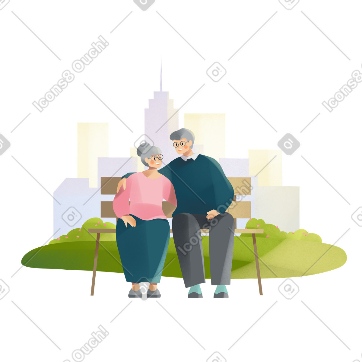 Elderly couple sitting on city background illustration clipart images collection