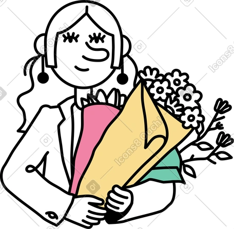 年轻女子手捧鲜花插图，PNG、SVG格式