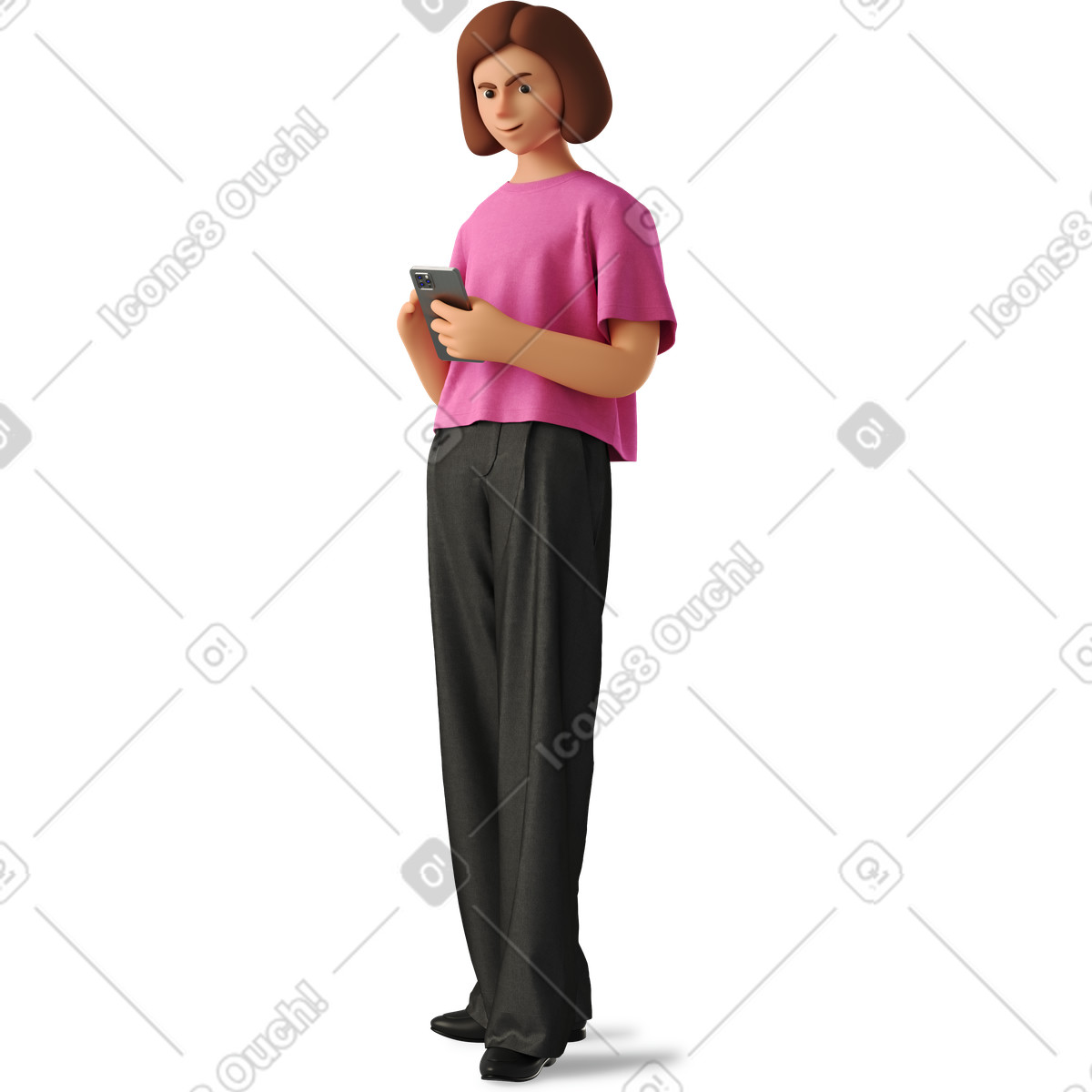 Junge frau, die mit telefon steht und grinst-Illustration im 3D Business-Stil als Download in PNG, SVG