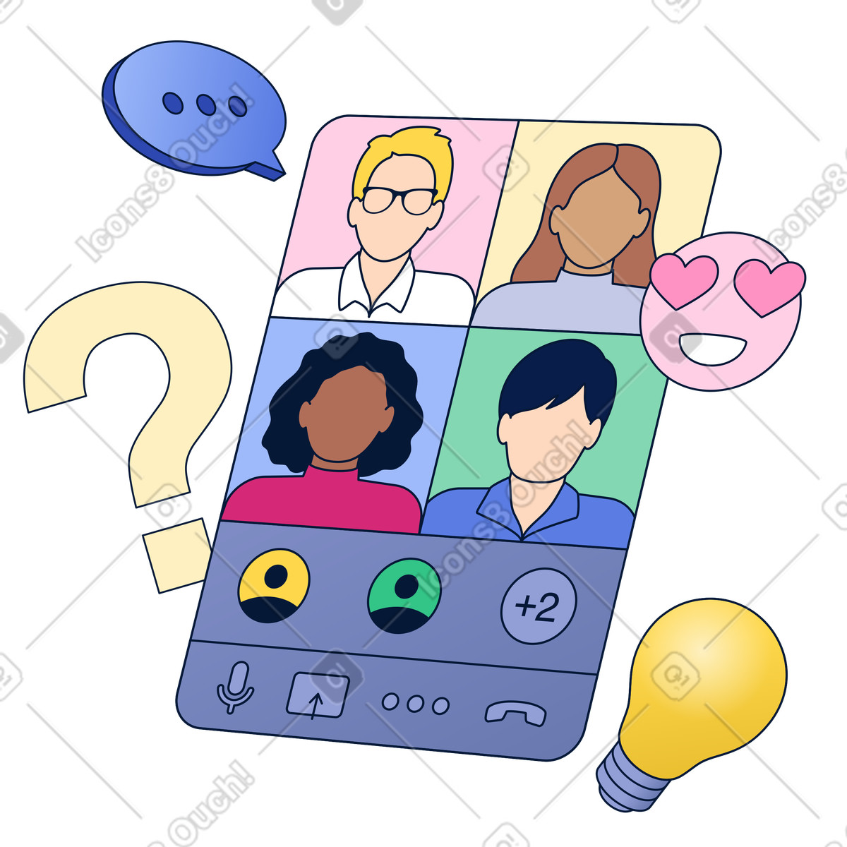 Virtual team meeting interface, Online teamwork and collaboration, Remote work communication illustration in PNG, SVG