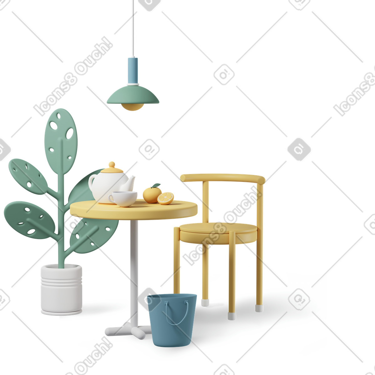 Иллюстрация Kitchen interior with plant, lamp, table, chair, bucket and teaset в стиле 3D Casual life — скачать в форматах PNG, SVG