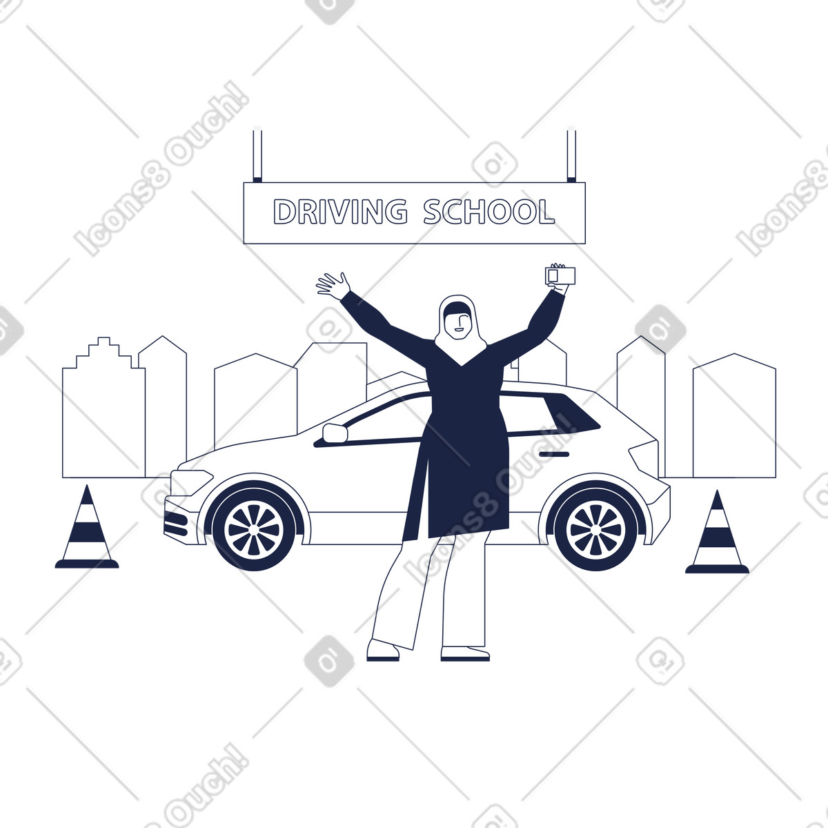 Woman in hijab holding driving license against the background of school illustration Urban Line style download PNG, SVG