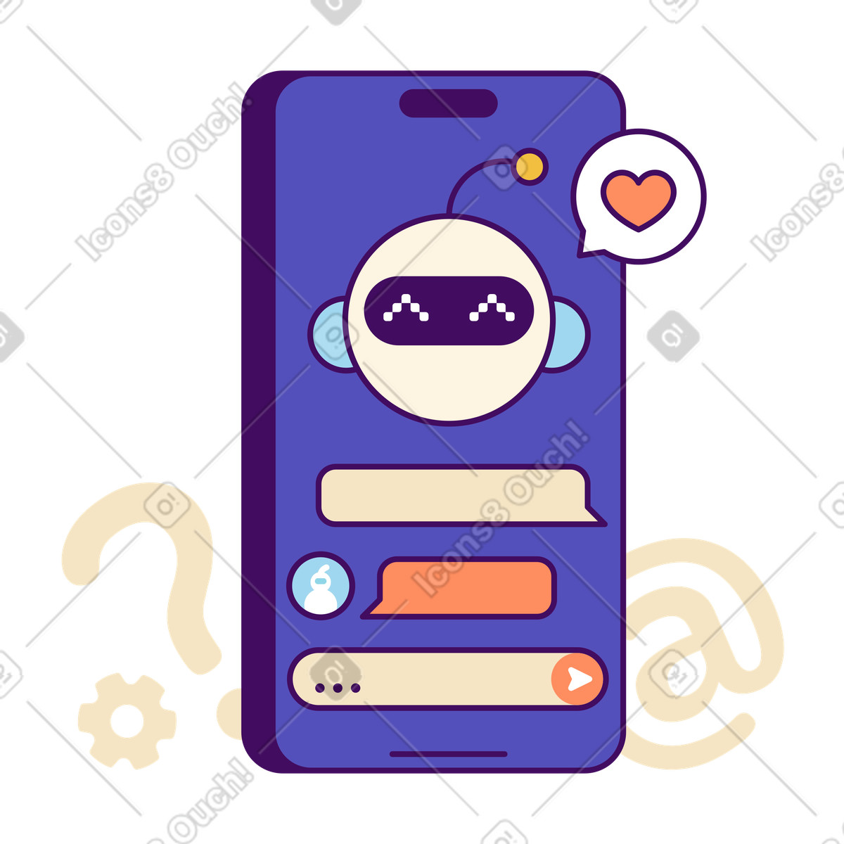 Chatbot interface on smartphone, AI-powered conversation helper illustration in Simplistic style download in PNG, SVG
