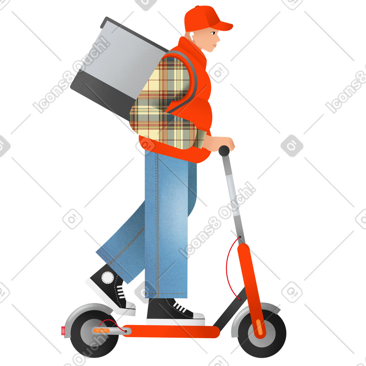 Ilustración Repartidor entregando pedidos en scooter eléctrico estilo Patchwork a descargar PNG y SVG