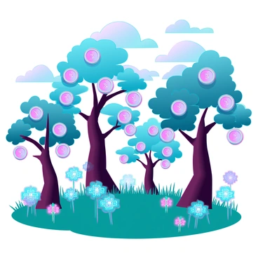 A vibrant garden filled with various trees, each adorned with digital coins hanging from the branches like fruit. The coins are in different colors and sizes, reflecting light with a metallic sheen. Surrounding the trees, blooming flowers made of glowing circuit patterns add a technological touch to the scene. The ground is lush with green grass, interspersed with small patches of colorful digital blooms. The sky above is a soft gradient of blues and purples, enhancing the futuristic atmosphere of this unique garden.