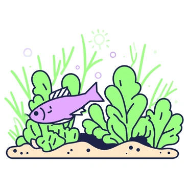 A fish is swimming through a dense underwater environment filled with various aquatic plants. The plants are arranged in clusters, resembling a lush garden. Some plants have long, waving leaves that spread out like fans, while others are short and bushy, dotting the landscape. The fish glides gracefully between the plants, its fins gently fluttering as it moves. Sunlight filters down from above, creating a soft illumination that casts shadows across the sandy bottom.