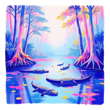 A misty bayou is depicted with a dense layer of fog hovering above the water's surface. Tall cypress trees rise from the water, their knobby roots partially submerged. The trees have thick, green foliage that contrasts with the gray mist. Lurking in the water are several alligators, their dark, scaly bodies barely visible as they float quietly. The surface of the water reflects faint ripples from the slightest movement, and patches of water lilies dot the scene. The overall atmosphere conveys a sense of mystery and tranquility in this natural setting.