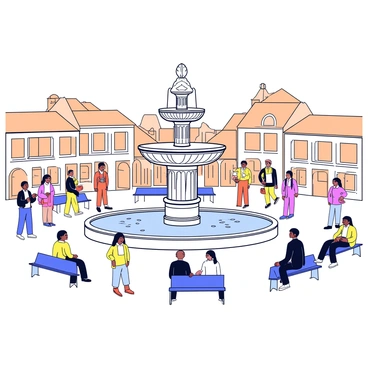 A grand fountain with intricate carvings and multiple tiers is situated in the center of a bustling city square. Water cascades elegantly from the top tier into a larger basin below. Surrounding the fountain are a variety of people, some sitting on benches, others standing and chatting. The individuals are dressed in a mix of formal and casual clothing. The scene is framed by charming buildings that line the square, complete with detailed windows and archways. The overall color palette consists of warm sepia hues, creating a vintage feel to the city square setting.
