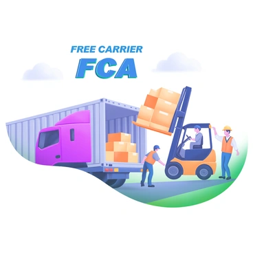 A modern pastel illustration depicting a cargo transfer scene. In the foreground, a large cargo truck is parked next to a shipping container, with the container slightly open and boxes visible inside. A forklift is lifting a stack of boxes from the truck and positioning them into the container. Nearby, two workers, one in a safety vest and the other in a hard hat, are coordinating the transfer. Above this scene, the phrase "Free Carrier (FCA)" is displayed prominently in bold, blue letters.