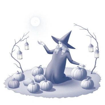 A witch with a pointed hat and a flowing cloak is kneeling in a pumpkin patch. Surrounding her are various pumpkins of different sizes and shapes scattered across the field. The ground is slightly uneven, with tufts of grass peeking through the soil. Above her, the moon casts a soft light, illuminating the scene with a silvery glow. Twinkling lanterns hang from low-hanging branches of nearby trees, creating a warm ambiance around the field. The witch is reaching out to select a particularly round pumpkin, her expression focused and determined.
