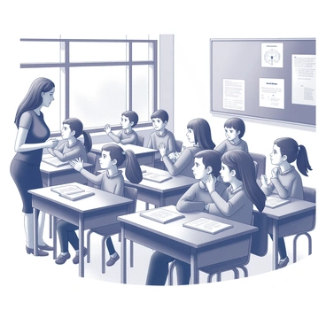 A classroom filled with students of diverse backgrounds, with both boys and girls seated at their desks. Each student appears engaged in the lesson, with several children raising their hands enthusiastically to participate. The teacher stands at the front, observing and encouraging the students. There are educational posters on the walls, and books are visible on the desks. Sunlight streams in through the windows, illuminating the eager expressions on the students' faces.