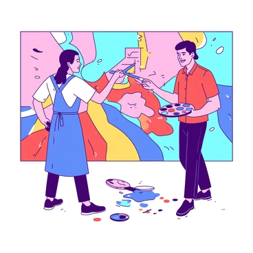 Two artists are standing side by side in front of a large mural. One artist, wearing a blue apron, is using a wide brush to apply a vibrant stroke of color, while the other artist, dressed in a red shirt, is holding a palette filled with various colors. They are engaged in a lively discussion, with the blue artist pointing to a section of the mural, suggesting a modification. The red artist nods in agreement, looking inspired. Paint splatters are visible on the ground around them, and the mural features a blend of intricate designs and vivid colors that they are collaboratively bringing to life.